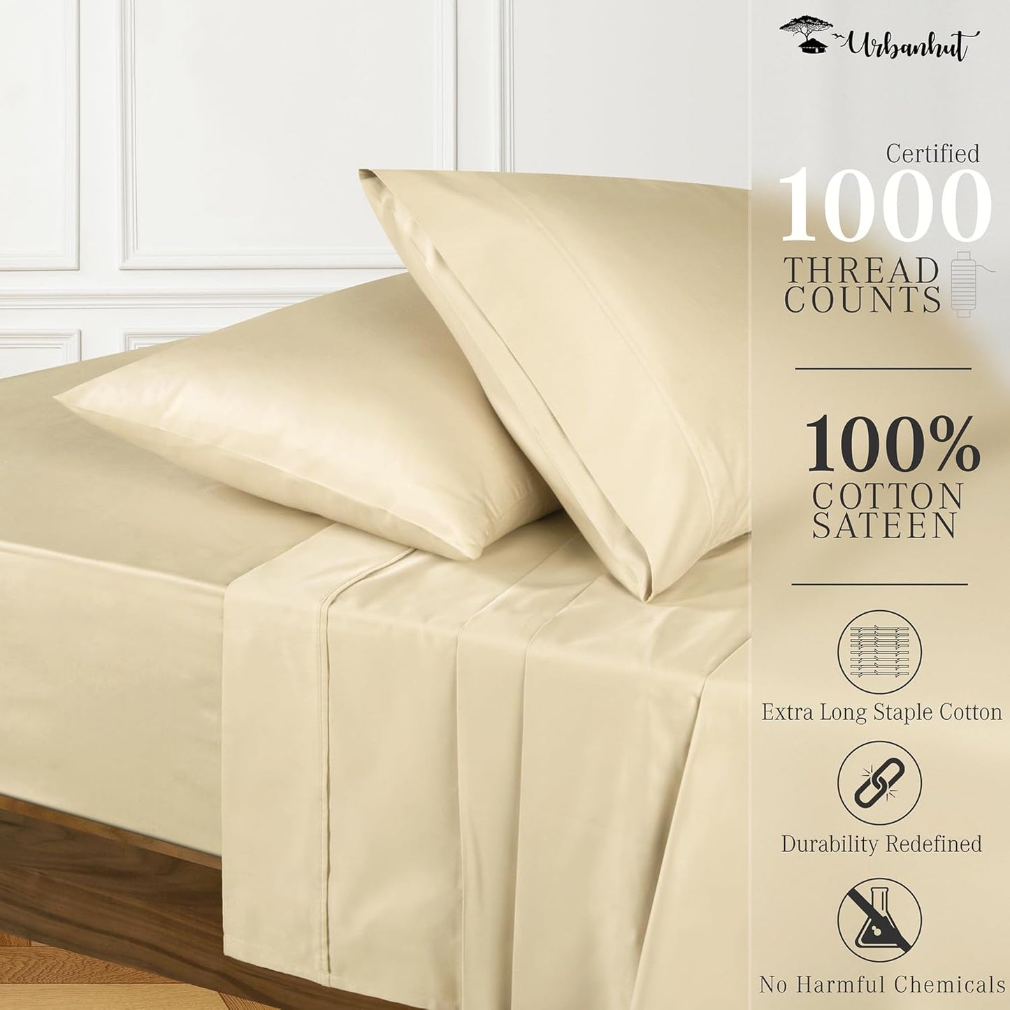 Twin Size Sheets 100% Pure Cotton, 1000 Thread Count 3 Pc Bed Sheet Sets, Soft & Breathable, Luxury Hotel Sheets Fits 16" Elasticized Deep Pocket, Sateen Weave, Solid, Sand