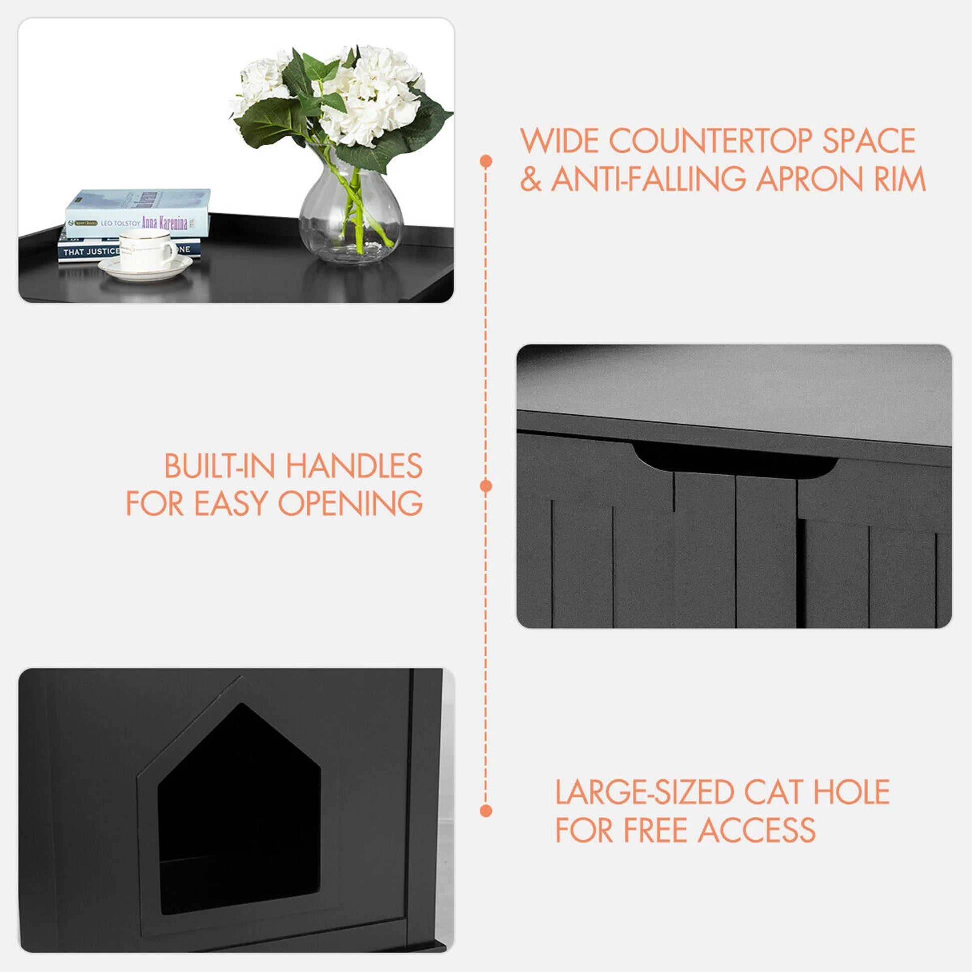 Cat Litter Box Side Table Washroom Storage Bench Wooden Enclosure Pet House Black
