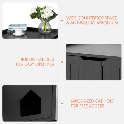 Cat Litter Box Side Table Washroom Storage Bench Wooden Enclosure Pet House Black