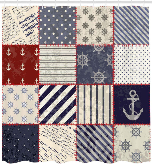 Nautical Shower Curtain, Maritime and Nautical Life Design with Vintage Sailor Knot Anchor Motifs, Cloth Fabric Bathroom Decor Set with Hooks, 69" W X 75" L, Vermilion Blue