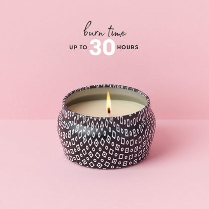 Volcano Scented Mini Tin Jar Candle - Printed Mini Tin Candles for Home Scented with Tropical Fruit & Sugared Citrus - Long Lasting Soy Wax Blend - Black (3 Oz)