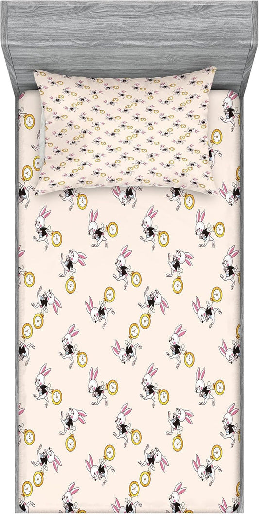 Alice in Wonderland Fitted Sheet & Pillow Sham Set, White Rabbit Dancing in the Sky Fantasy World and Alice Theme, Decorative Printed 2 Piece Bedding Decor Set, Twin, Pink Black Yellow