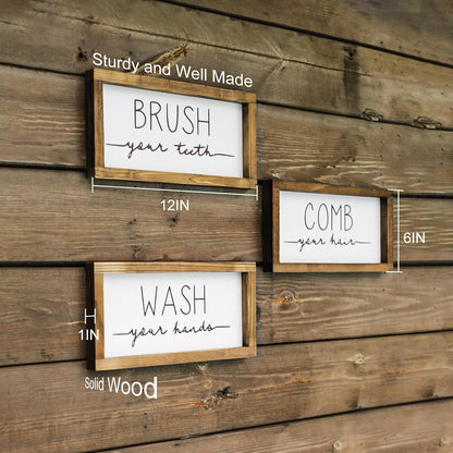 Bathroom Sign & Plaque (Set of 3) Wash Your Hands Brush Your Teeth Comb Your Hair Decorative Rustic Wood Farmhouse Bathroom Wall Decor (White)