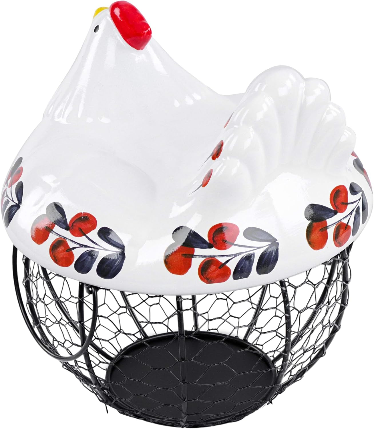 Chicken Egg Basket in Navy and Red Design Ceramic Chicken Shaped Lid with round Wire Basket Base and Handles