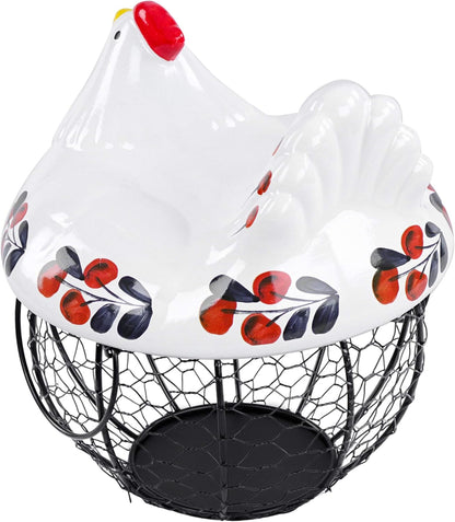 Chicken Egg Basket in Navy and Red Design Ceramic Chicken Shaped Lid with round Wire Basket Base and Handles