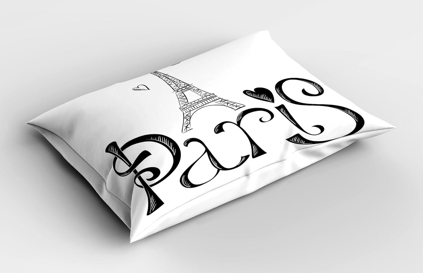 Paris Pillow Sham, Illustration with Eiffel Tower France Heart Shapes Silhouette Vacation Theme Art, Decorative Standard Size Printed Pillowcase, 26" X 20", Black and White