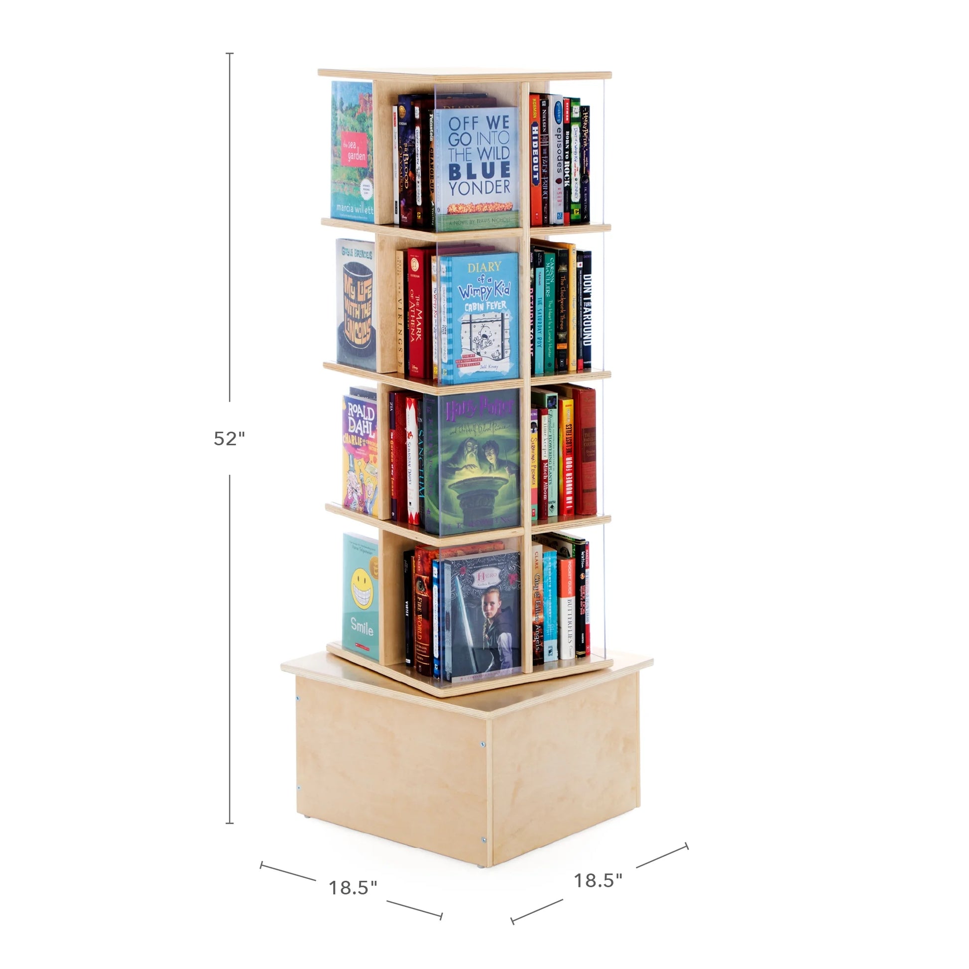 Floor Standing Rotating Book Display: Spinning Bookshelf Tower for Classroom, Kids Playroom, Library | Revolving Bookcase W/ Acrylic Windows, Birch Plywood Montessori Storage