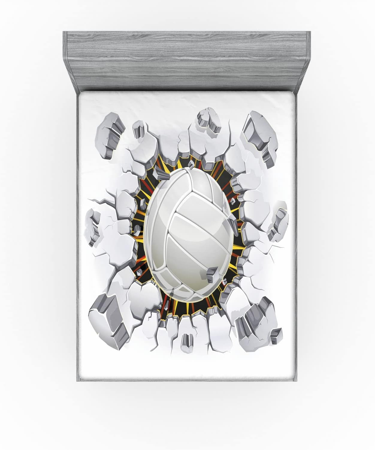 Volleyball Fitted Sheet, Ball Crushing the Wall Power Illustration Grunge Design Team Sports, Bed Cover with All-Round Elastic Deep Pocket for Comfort, Queen Size, White Redwood Yellow