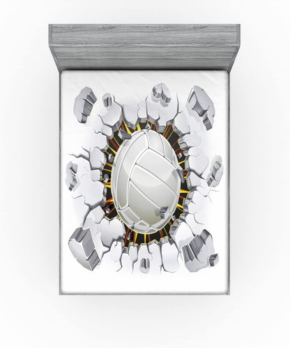 Volleyball Fitted Sheet, Ball Crushing the Wall Power Illustration Grunge Design Team Sports, Bed Cover with All-Round Elastic Deep Pocket for Comfort, Queen Size, White Redwood Yellow