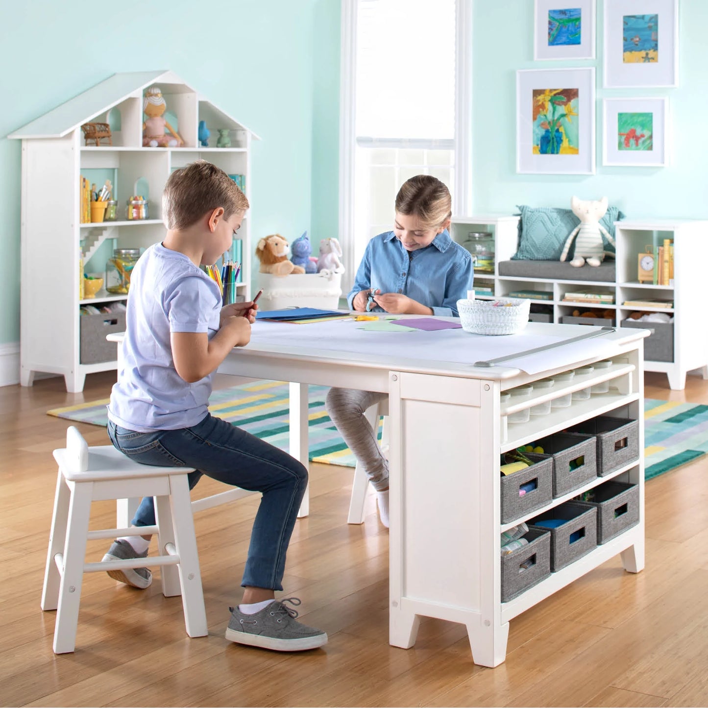 Kids' Art Wooden Table and Stool Set with Paper, Creamy White