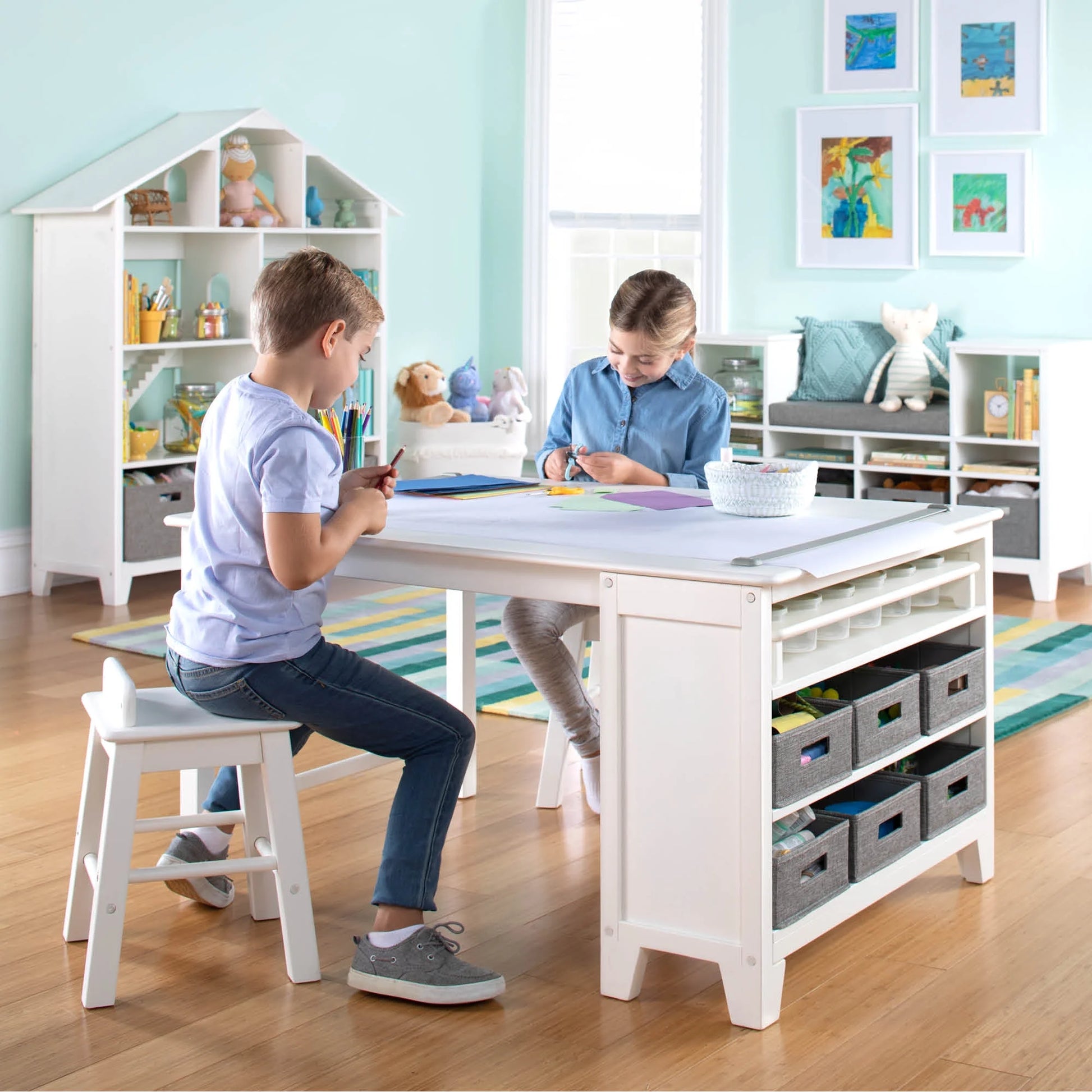 Kids' Art Wooden Table and Stool Set with Paper, Creamy White