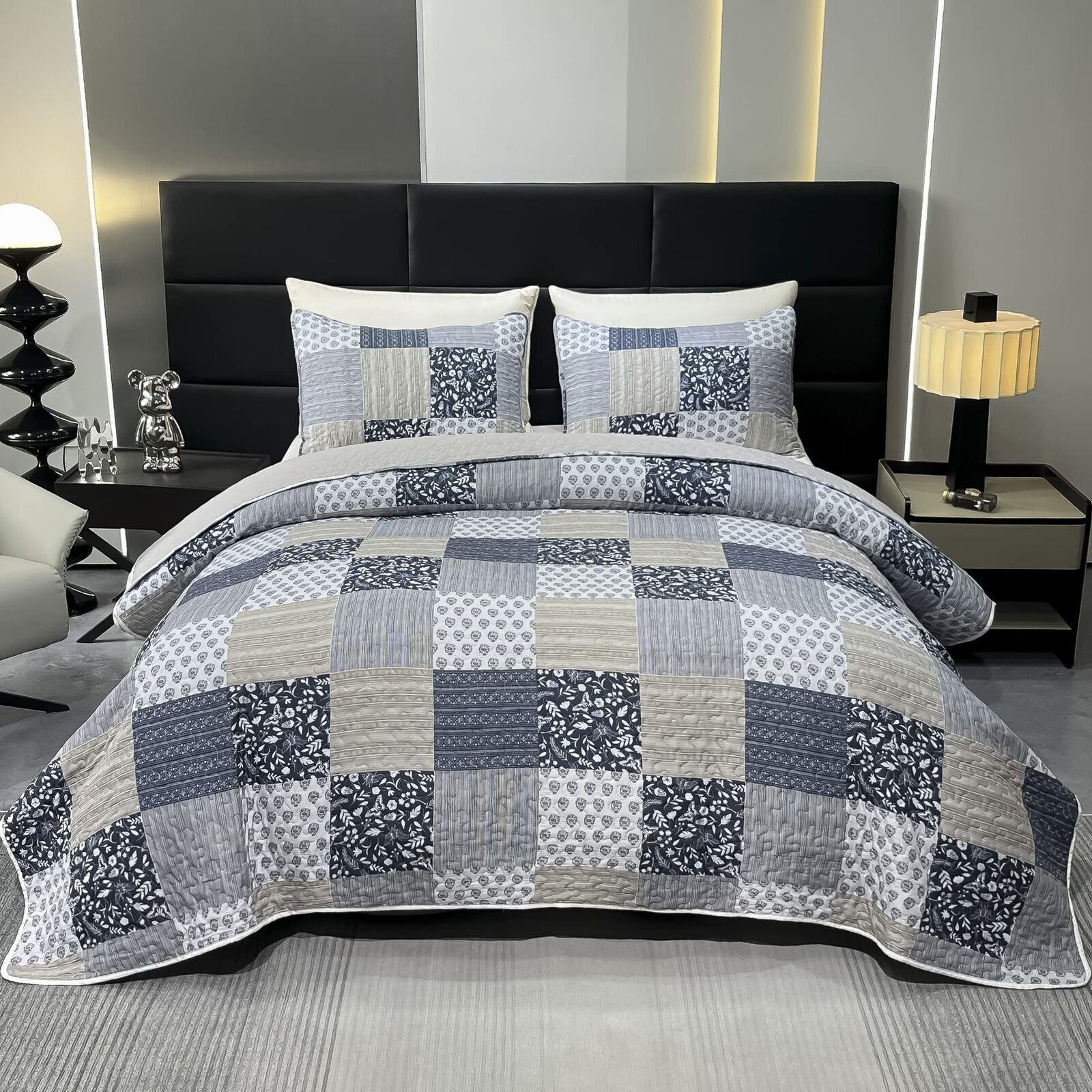 Oversized King Size Quilt Set 128X120 Grey Plaid Patchwork Extra Wide Super K...
