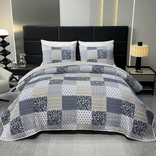 Oversized King Size Quilt Set 128X120 Grey Plaid Patchwork Extra Wide Super K...