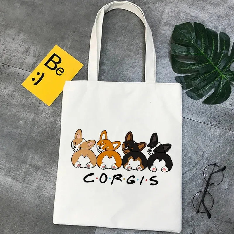 Corgi Dog Cartoon Funny Shopping Bag Graphic Tote Handbag Harajuku Shopper Bag for Women Eco Large-Capacity Female Shoulder Bag