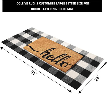 Buffalo Plaid Outdoor Rug Runner Doormat 24'' X 51", Black/White Cotton Woven Checkered Farmhouse Porch Outdoor Rugs, Washable Indoor Door Mat for Front Layered Kitchen Bathroom Laundry Room