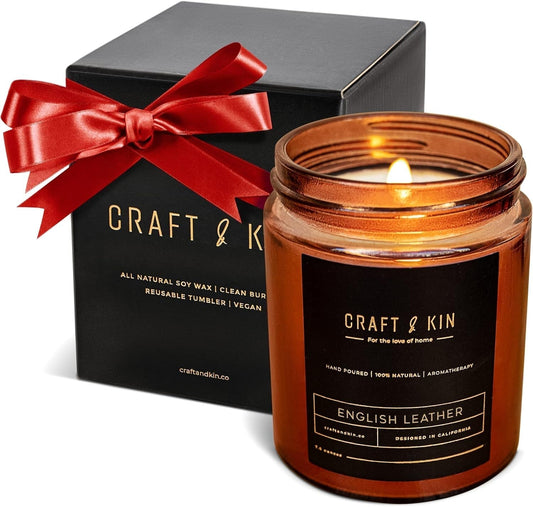 English Leather Scented Candles for Men & Women | Soy Candles for Home Scented,Leather Candle, Men Candles for Bedroom, 8 Oz 45 Hour Burn Long Lasting Candles, Masculine Candle, Mens Candles for Home