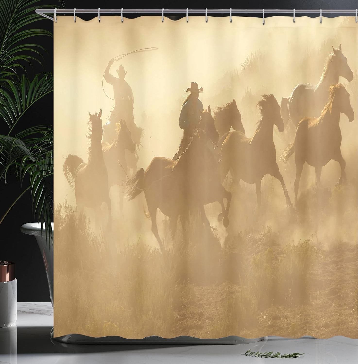 Western Shower Curtain, Galloping Running Horses in Desert 2 Cowboys Roping Dusty Wild Rural Countryside, Cloth Fabric Bathroom Decor Set with Hooks, 69" W X 75" L, Pale Brown
