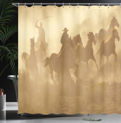 Western Shower Curtain, Galloping Running Horses in Desert 2 Cowboys Roping Dusty Wild Rural Countryside, Cloth Fabric Bathroom Decor Set with Hooks, 69" W X 75" L, Pale Brown