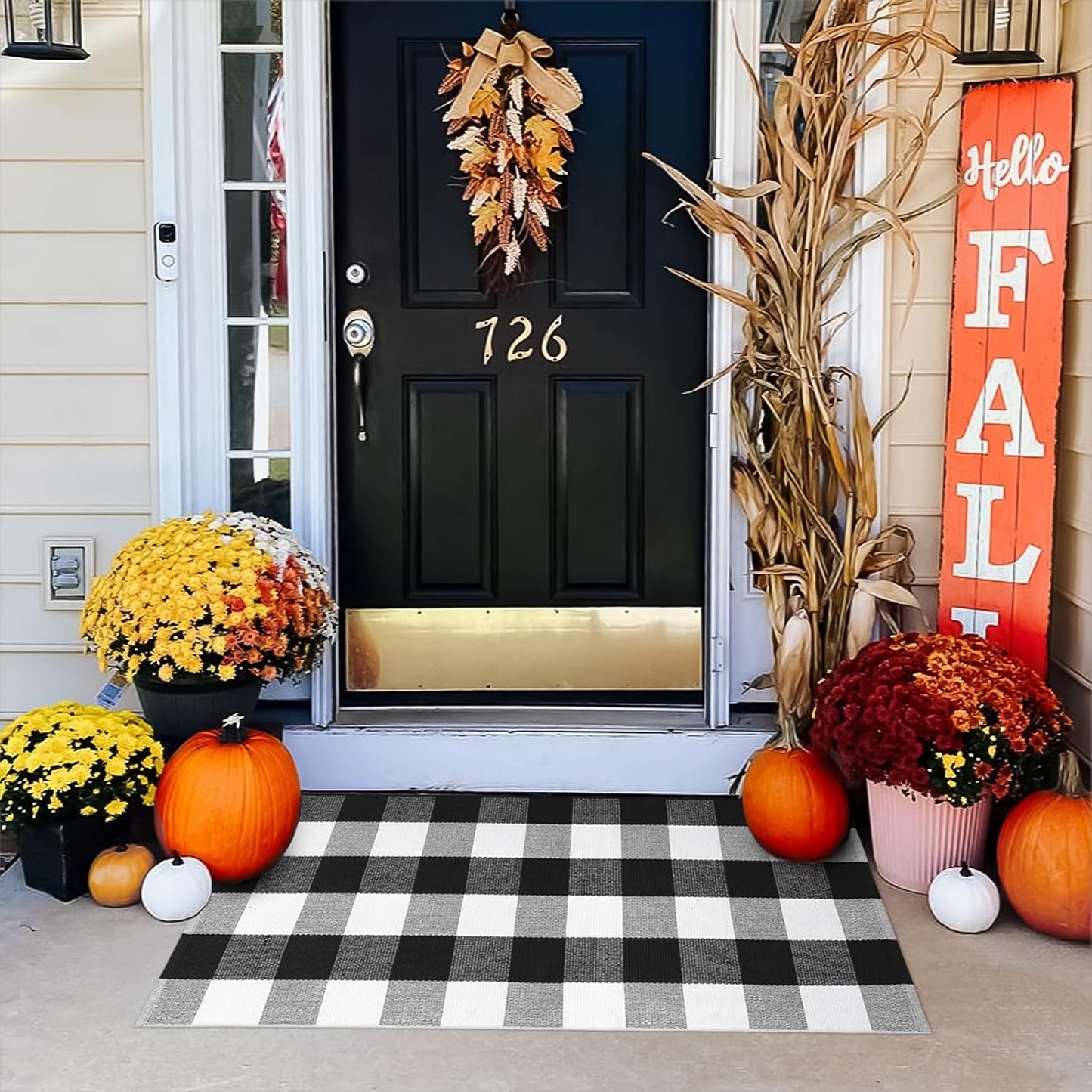 Buffalo Plaid Outdoor Rug Runner Doormat 24'' X 51", Black/White Cotton Woven Checkered Farmhouse Porch Outdoor Rugs, Washable Indoor Door Mat for Front Layered Kitchen Bathroom Laundry Room