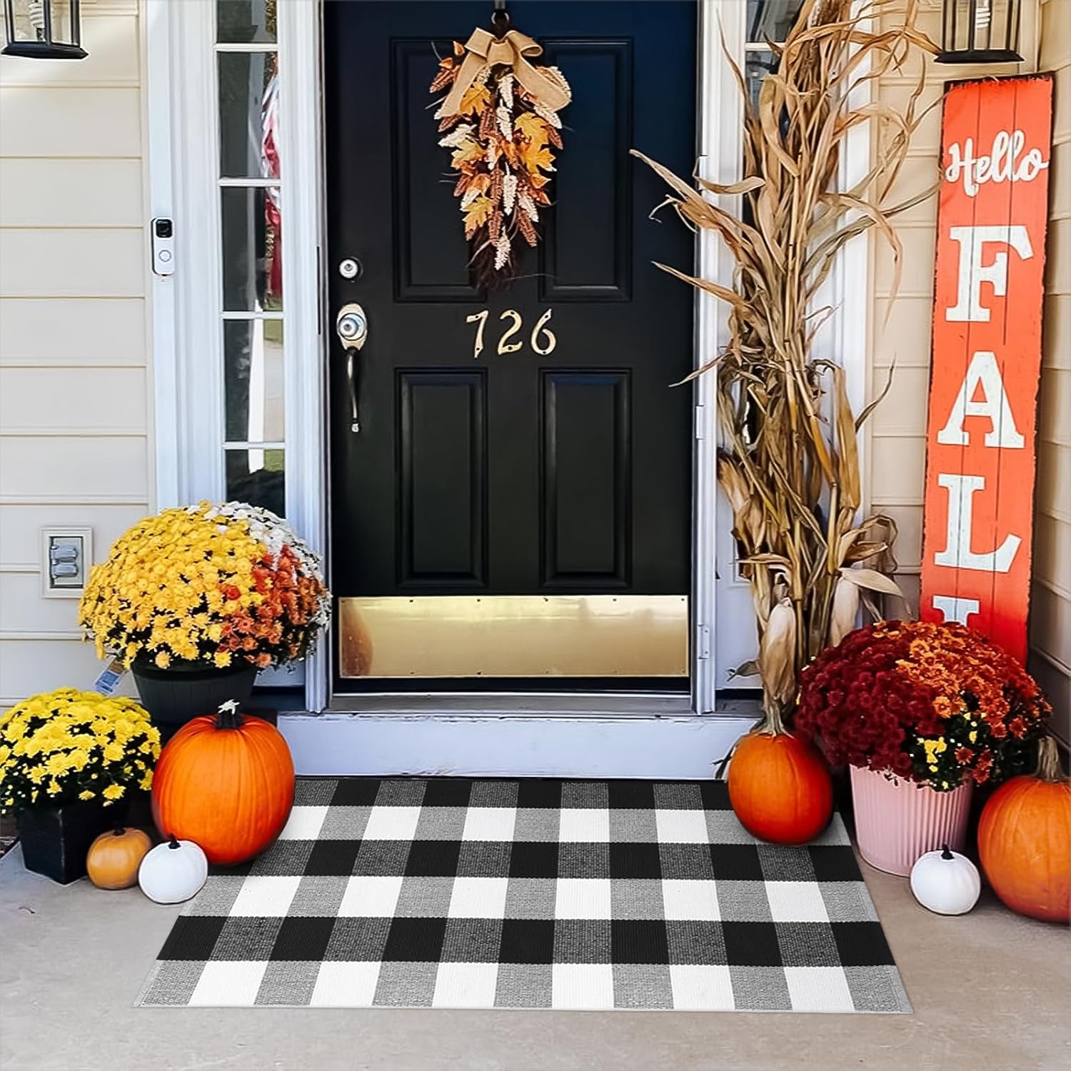 Buffalo Plaid Outdoor Rug Runner Doormat 24'' X 51", Black/White Cotton Woven Checkered Farmhouse Porch Outdoor Rugs, Washable Indoor Door Mat for Front Layered Kitchen Bathroom Laundry Room