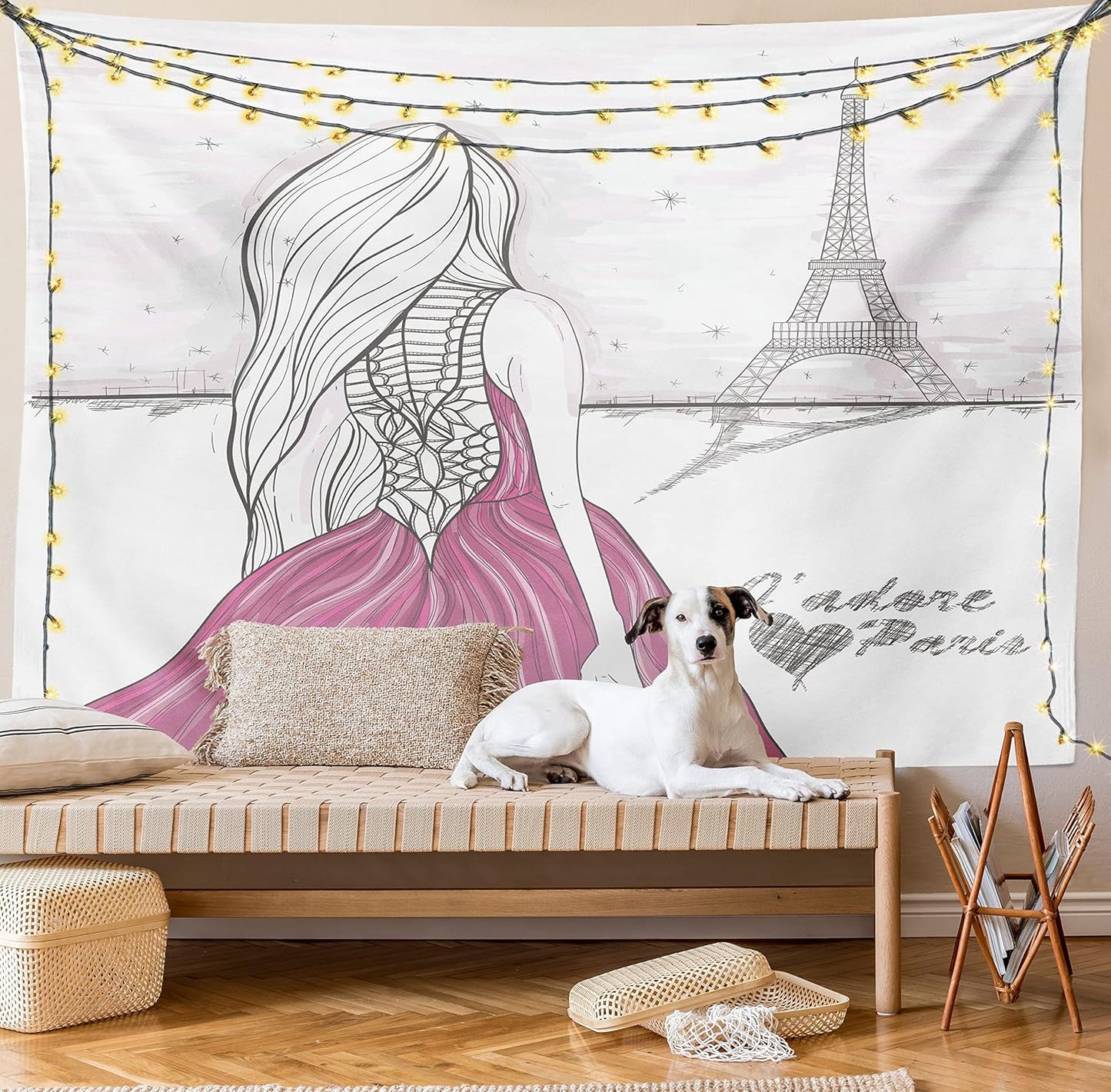 Paris Tapestry, Romantic Dramatical Woman Looks at Eiffel Tower Love Theme Sketch Style Illustration, Wall Hanging for Bedroom Living Room Dorm, 60" X 80", White Pink