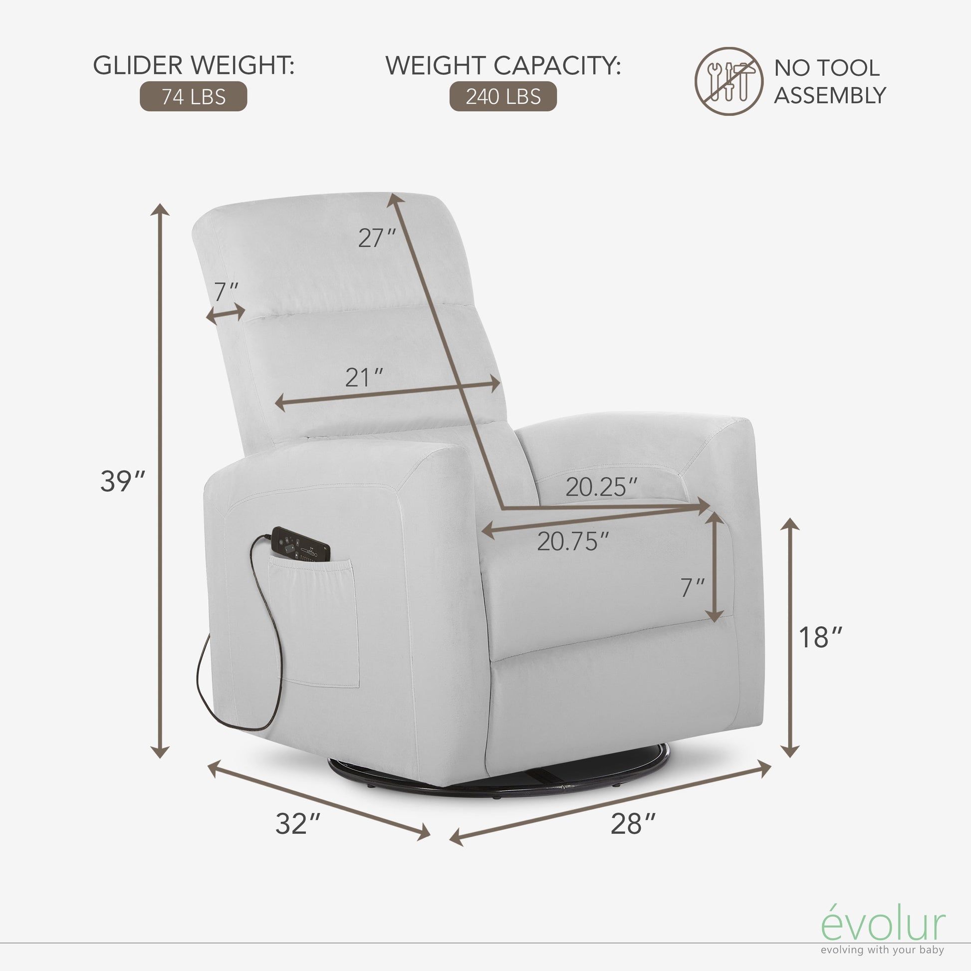 Reevo Upholstered Faux Leather Seating Glider Swivel, Rocker, Massager, Glider Chair for Modern Nursery, Misty Grey, Tool-Free Assembly, Easy to Clean, Environmentally Conscious Rocker