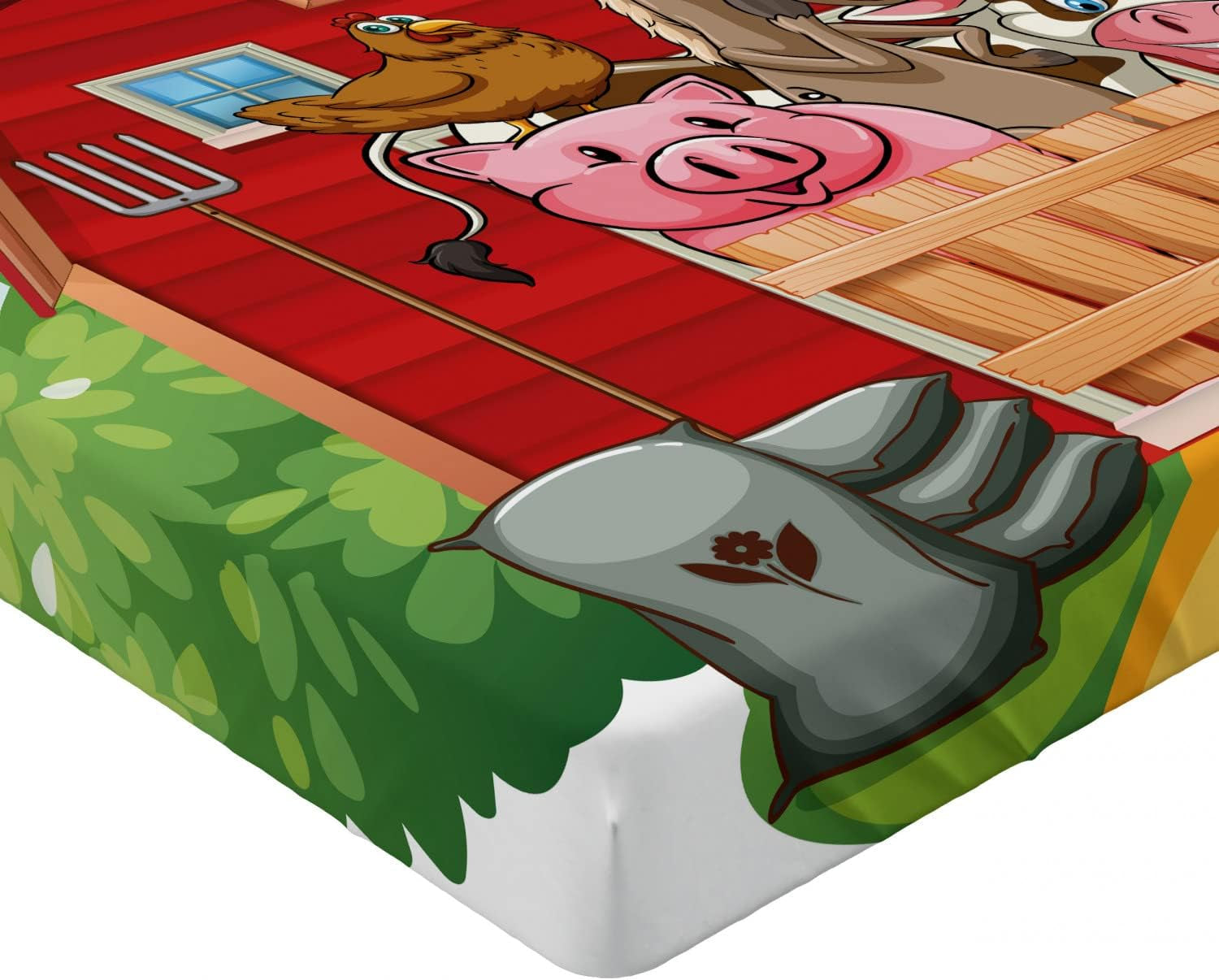 Cartoon Fitted Sheet, Happy Farm Animals Living in Barnhouse Chicken Domestic Rural, Bed Cover with All-Round Elastic Deep Pocket for Comfort, Full Size, Fern Green Seafoam Rust