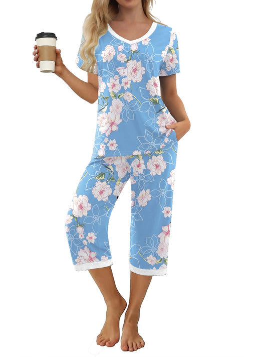 Women'S Pajama Sets Short Sleeve Shirt and Capri Soft Pajama Sets with Pockets