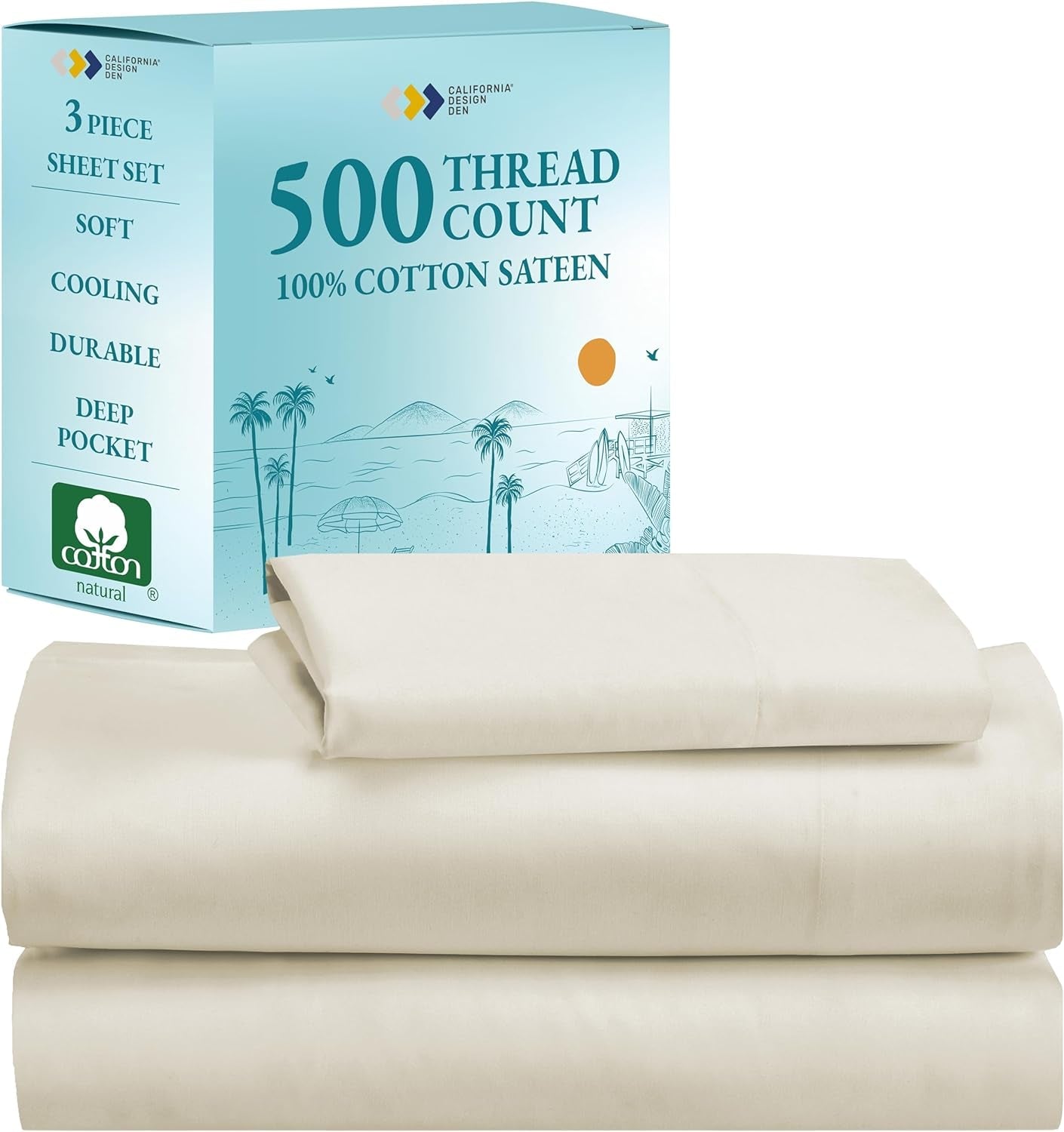 Twin Size Sheet Set - 100% Cotton 500 Thread Count, Cooling Deep Pocket Bed Sheets with Fitted Elastic Sheet, Extra Soft Luxury Hotel Quality - Ivory