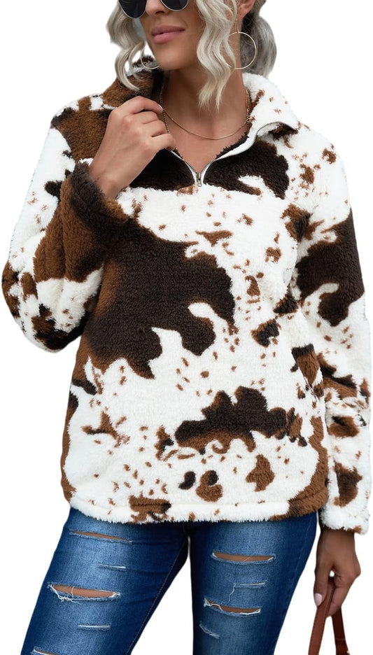 Womens plus Size Long Sleeve Casual Zip Collar Cow Print Fleece Jacket Tops
