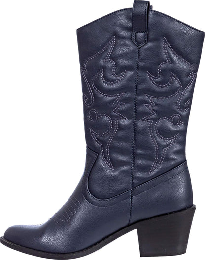 Cowboy Boots for Women Mid-Calf Boot Embroidered Stiching Western Cowgirl Boots Low Stacked Heel