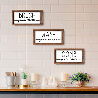 Bathroom Sign & Plaque (Set of 3) Wash Your Hands Brush Your Teeth Comb Your Hair Decorative Rustic Wood Farmhouse Bathroom Wall Decor (White)