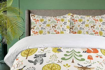 Animals Duvet Cover Set, Woodland Forest Animals Trees Birds Owls Fox Bunny Deer Raccoon Mushroom Print, Decorative 3 Piece Bedding Set with 2 Pillow Shams, King Size, Orange