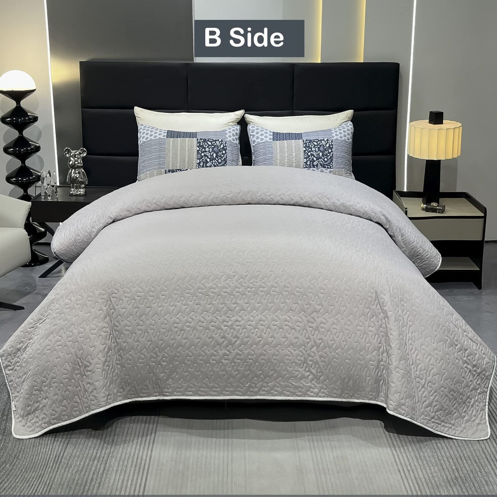 Oversized King Size Quilt Set 128X120 Grey Plaid Patchwork Extra Wide Super K...