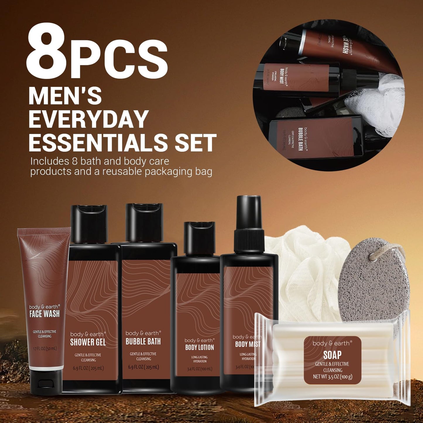Spa Baskets for Men - 8Pcs Mens Bath Sets Birthday Gifts Sandalwood Bath and Body Set, Self Care for Men, Husband Men Father'S Day Gifts