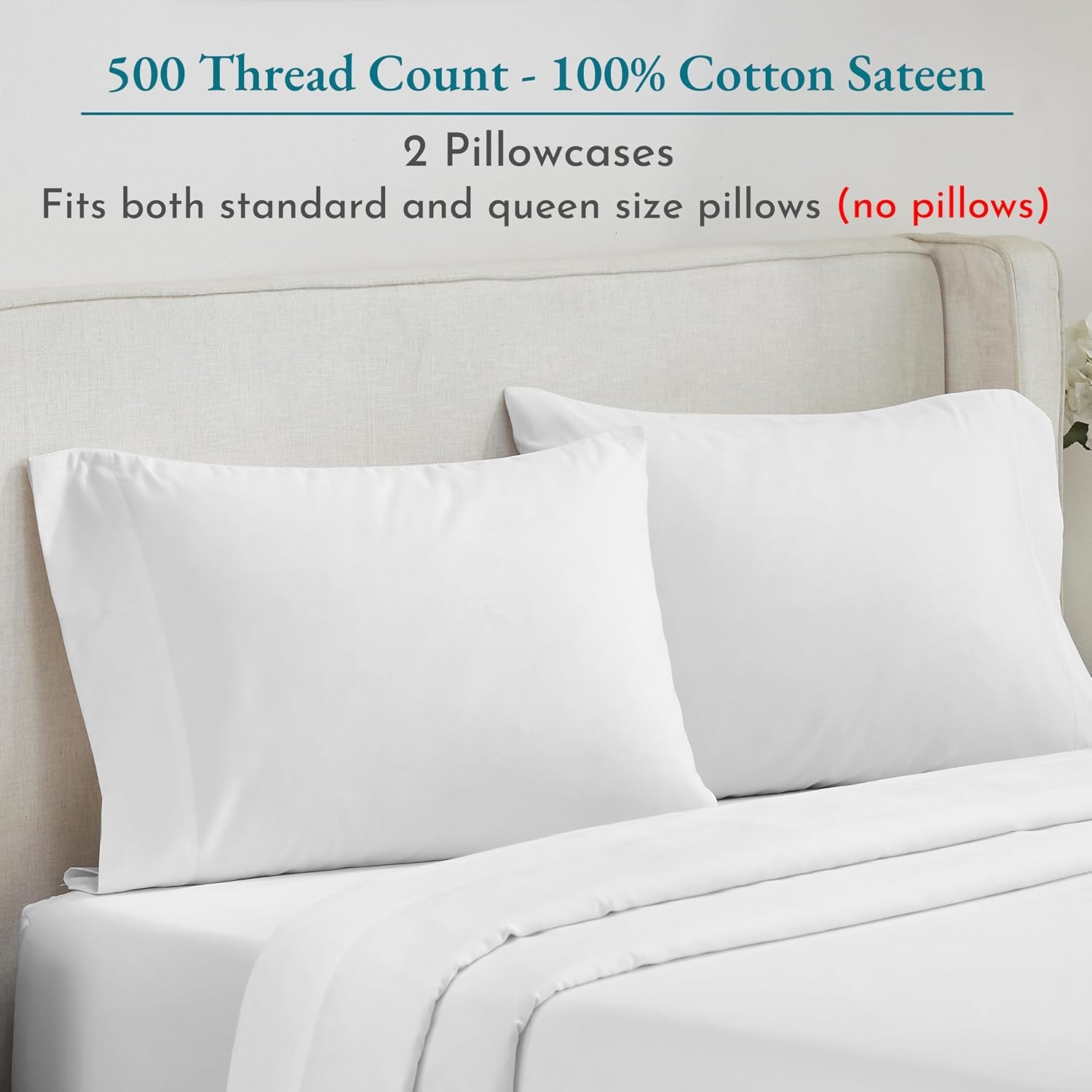 Soft & Silky 500 Thread Count 100% Cotton Is Cool & Smooth, White Pillowcases Queen Size Fits Standard & Queen Pillows (Pure White)