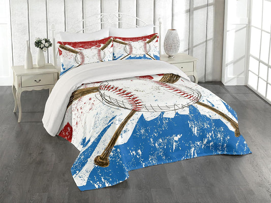 Sports Coverlet Set Queen Size, Hand Drawn Baseball Bats and Ball on Grunge Colored Background, 3 Piece Decorative Quilted Bedspread Set with 2 Pillow Shams, Brown Blue