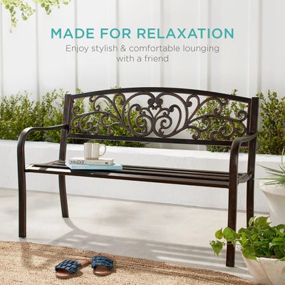 Outdoor Steel Bench Garden Patio Porch Furniture W/ Floral Design Backrest - Black