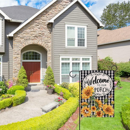 Home Decorative Welcome to Our Porch Spring Summer Sunflower Garden Flag, Black White Buffalo Plaid Check Yard outside Decoration, Fall Autumn Farmhouse Outdoor Small Decor 12 X 18