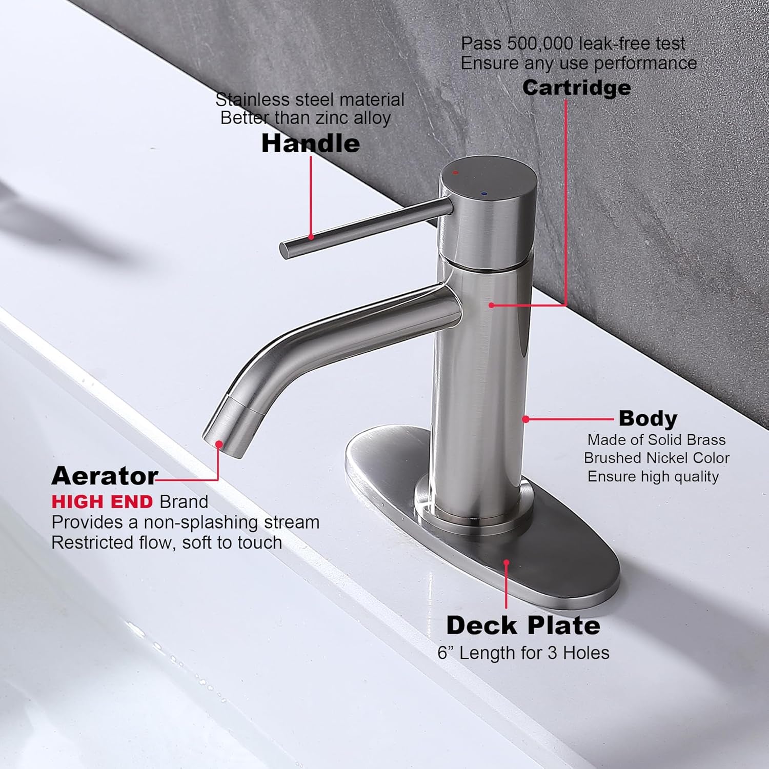 Brushed Nickel Single Hole Bathroom Faucets Single Handle,  Brushed Bathroom Vanity Sink Faucet with Pop up Drain Assembly and 6 Inch Deck Plate