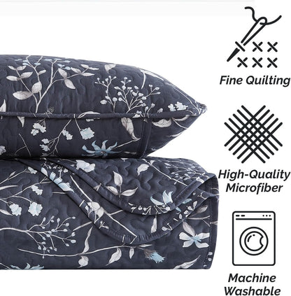 Oversized Queen Size Quilt Bedding Set, All Season Lightweight Bedspread, Boho Coverlet Full Size, Floral Bedding 3-Piece Set with Two Matching Shams, Full/Queen, Blue