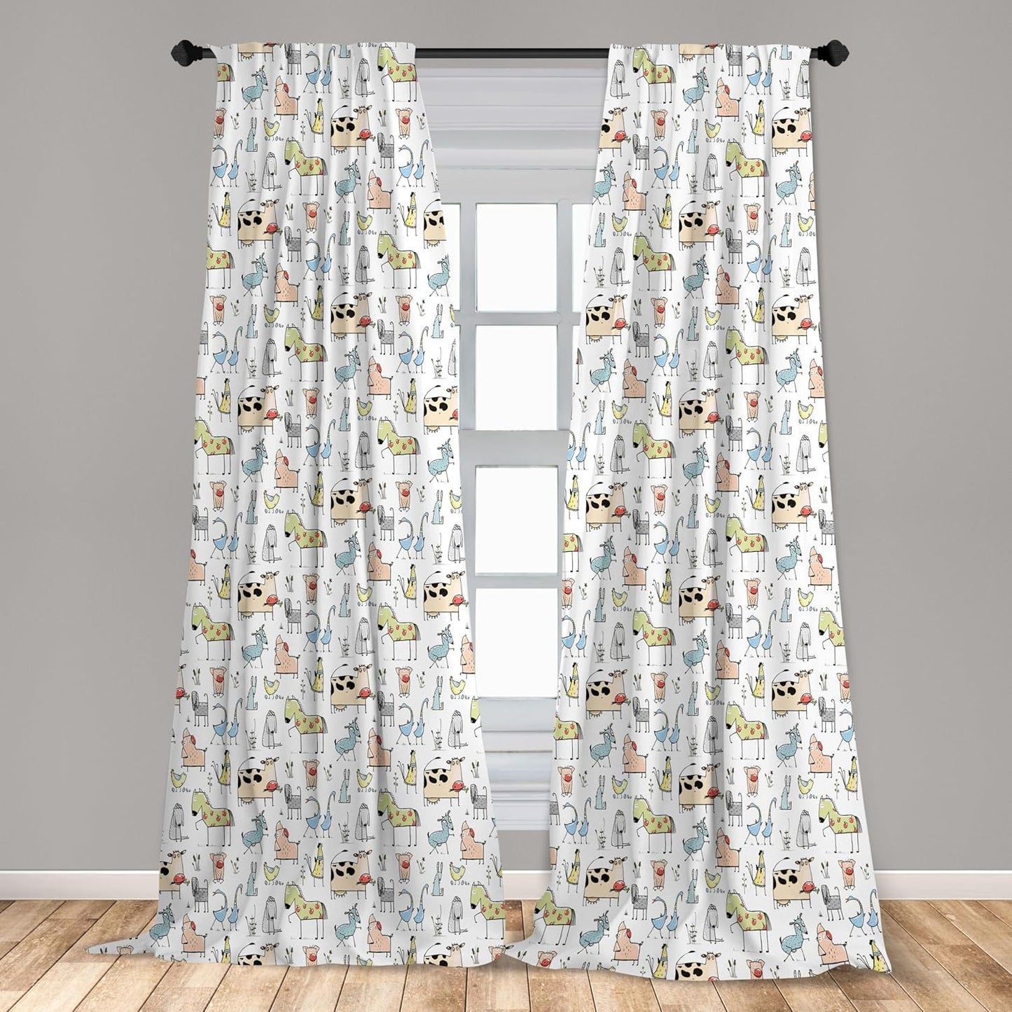 Animal Curtains, Cow Horse Pigs Chicken Sheep Farmhouse Mascots Cartoon Print, Window Treatments 2 Panel Set for Living Room Bedroom, Pair of - 28" X 63", Black