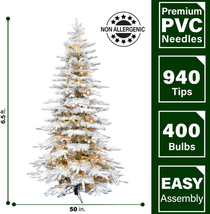 6.5-Ft. Pine Valley Flocked Christmas Tree, Faux Prelit Christmas Tree, Includes Easy to Connect and Set up Warm White LED Lights, Artificial Christmas Tree, Perfect Home Decoration
