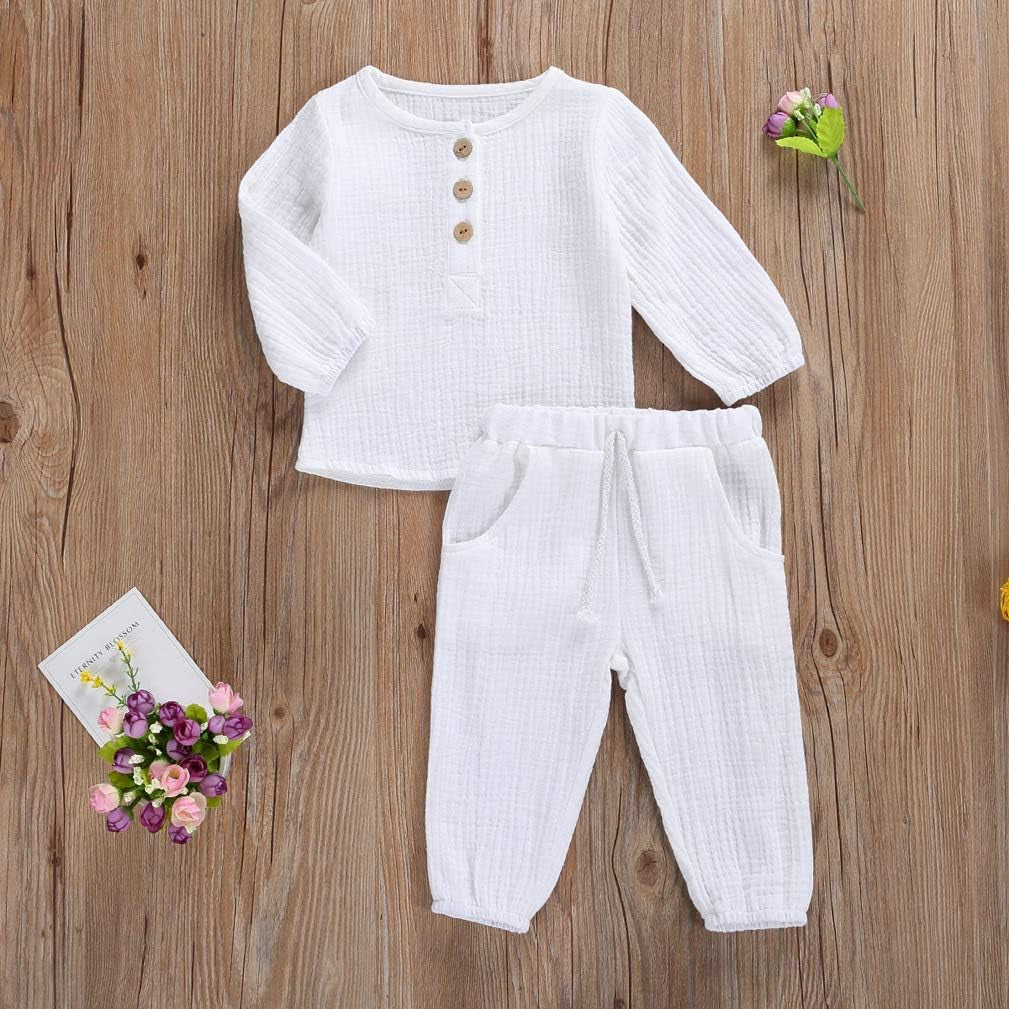 Toddler Baby Boy Girl Cotton Linen Pants Set Solid Long Sleeve T Shirt Top Drawstring Elastic Waist Pants Outfit