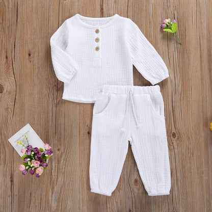 Toddler Baby Boy Girl Cotton Linen Pants Set Solid Long Sleeve T Shirt Top Drawstring Elastic Waist Pants Outfit