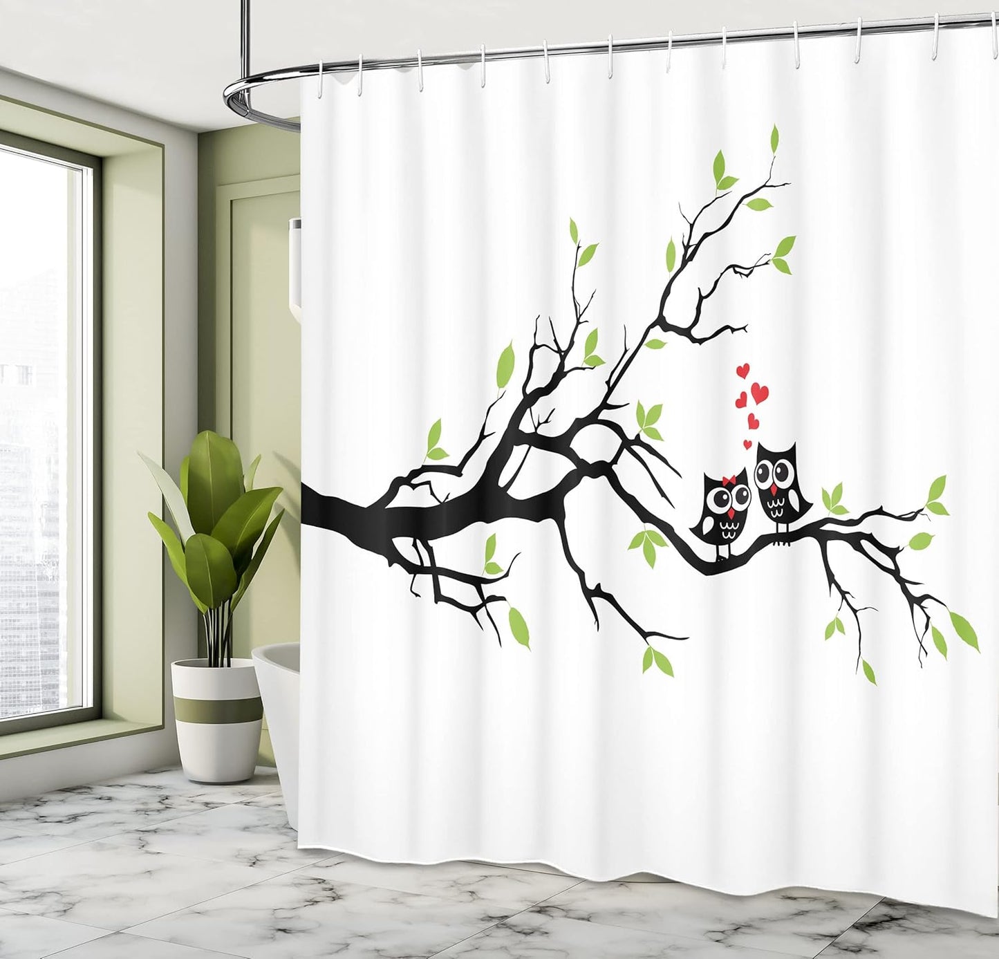 Owls Shower Curtain, Owls in Love Sitting on a Branch Leaf Leaves Hearts Romance Themed Artwork, Cloth Fabric Bathroom Decor Set with Hooks, 69" W X 70" L, Green Apple
