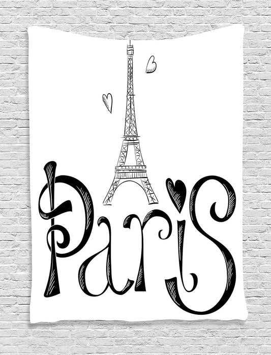 Paris Tapestry, Illustration with Eiffel Tower France Heart Shapes Silhouette Vacation Theme Art, Wall Hanging for Bedroom Living Room Dorm Decor, 40" X 60", White and Black