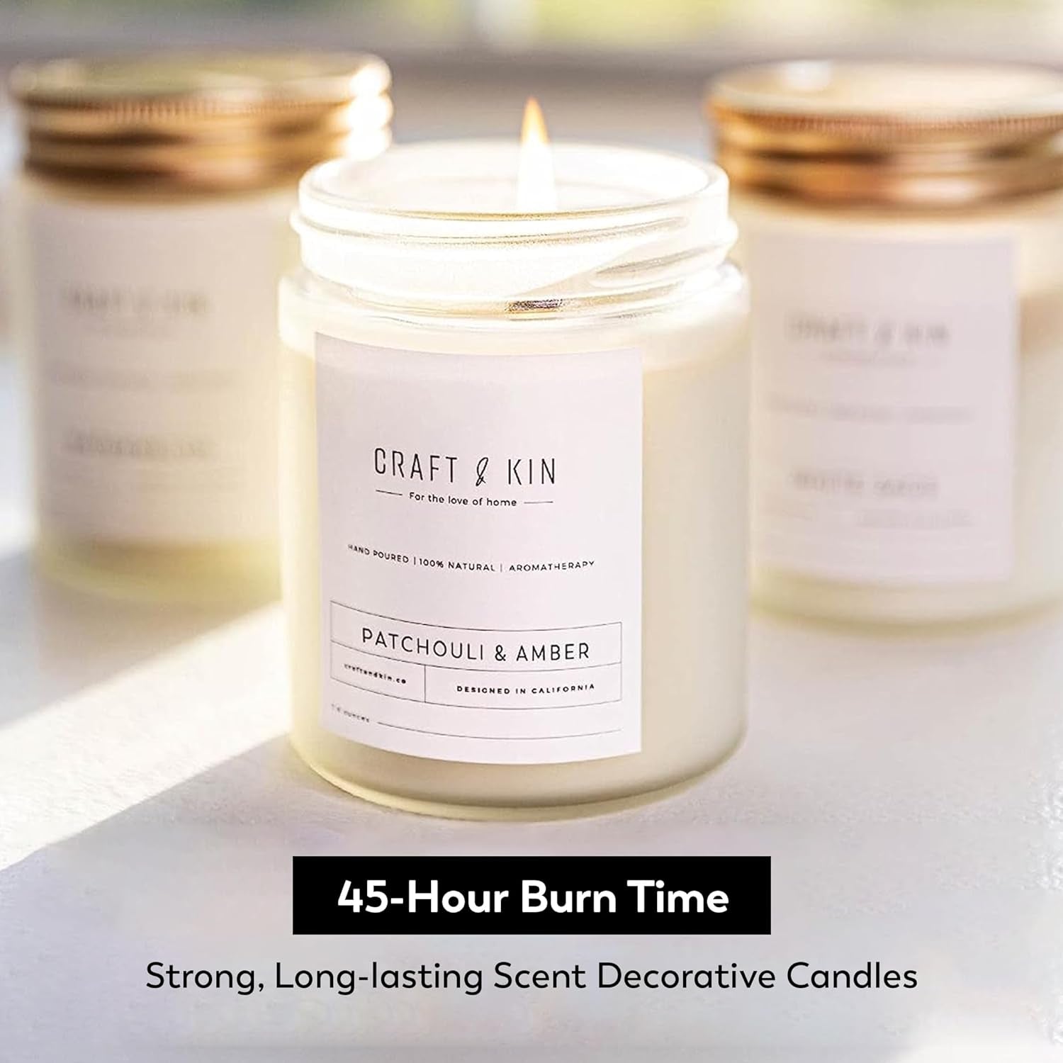 Patchouli & Amber Scented Candles 8 Oz 45 Hour Long Lasting Summer Candles | Wooden Wick Candles | Men Candles for Bedroom, All Natural Soy Candles Scented, Relaxing Aromatherapy Candles