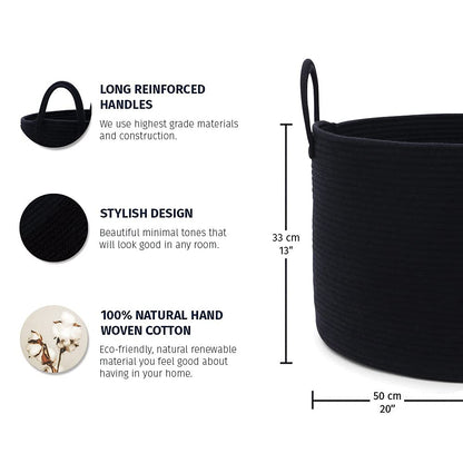 Black Basket for Storage 20X13, Big Basket for Blankets for Living Room, round Laundry Basket & Blanket Holder for Bedroom, Boho Blanket Basket, Pillow Basket & Toy Basket