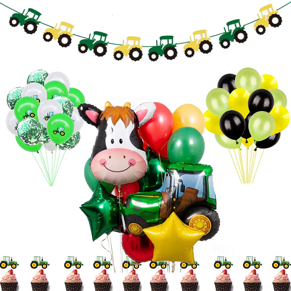 1Set Farm Theme Green Tractor Inflatable Balloons Happy Birthday Party Decoration Kids Birthday Excavator Vehicle Banner